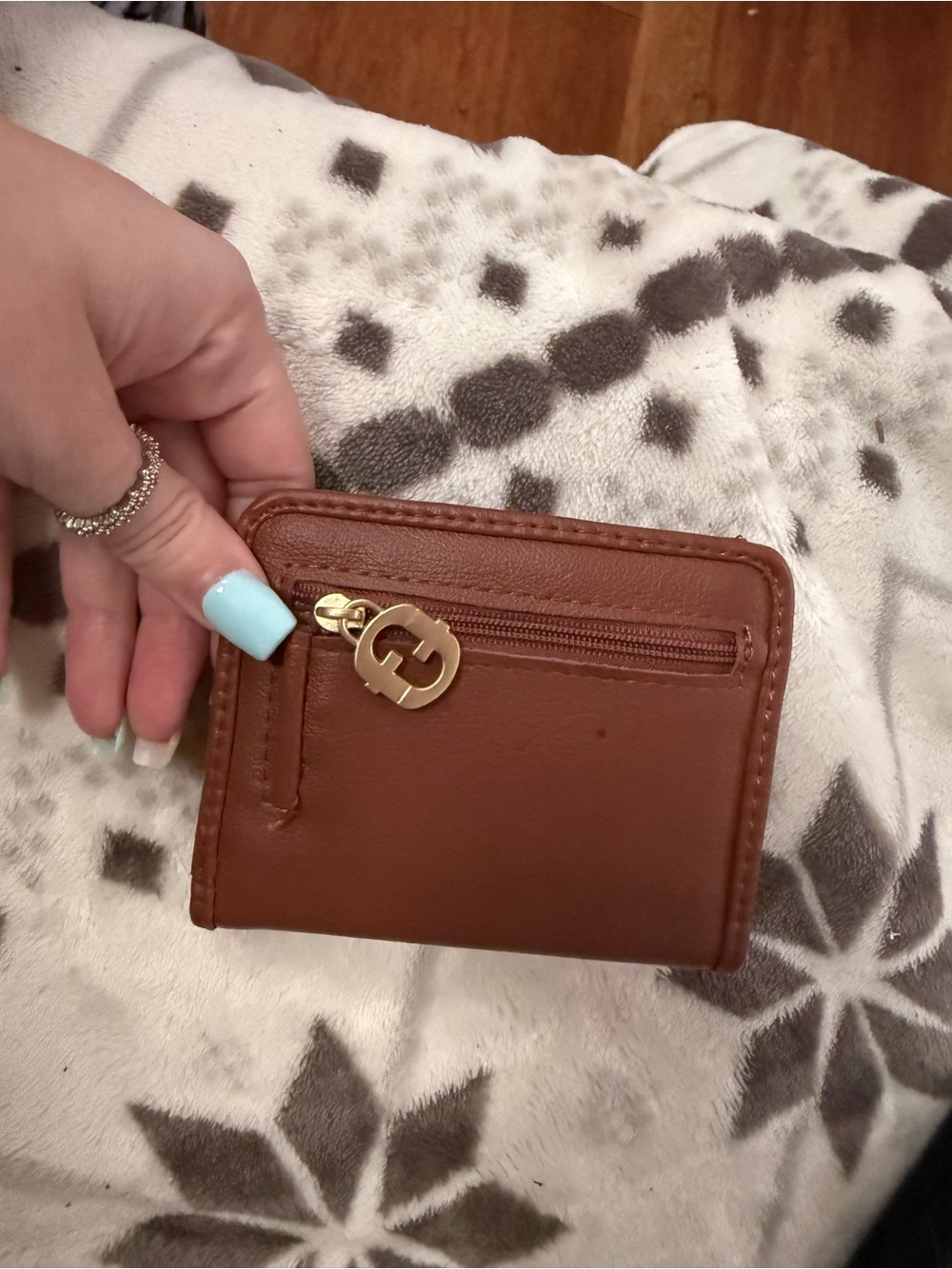 Classic Brown Leather Zip Card Wallet with Gold Logo Charm